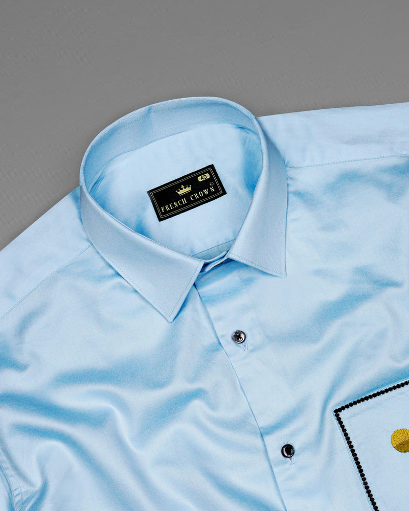 Tropical Aqua Blue with Boat Embroidered Super Soft Premium Cotton Shirt