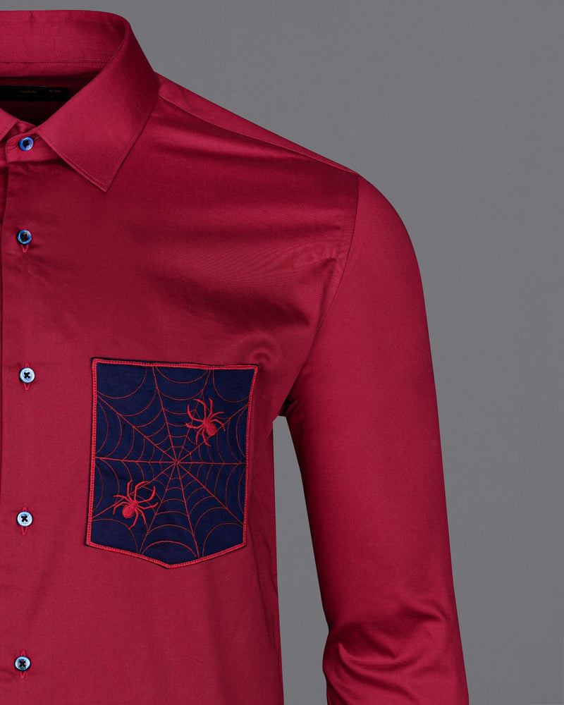 Claret Red with Mirage Blue Patch Pocket Spider Embroidered  Super Soft Premium Cotton Shirt