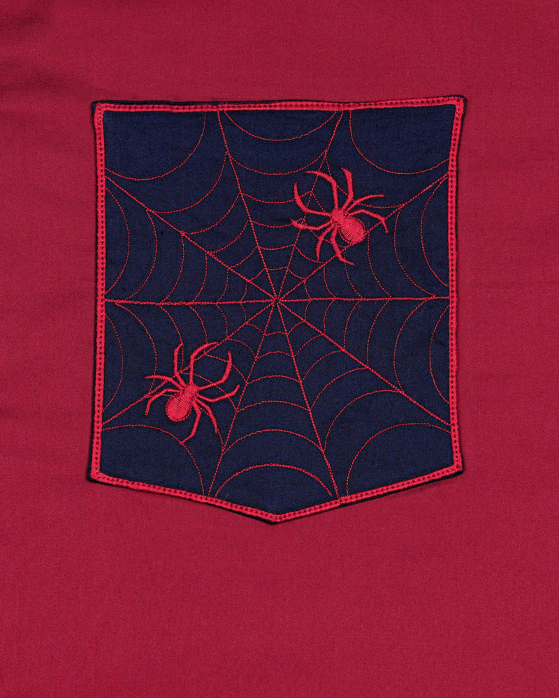 Claret Red with Mirage Blue Patch Pocket Spider Embroidered  Super Soft Premium Cotton Shirt