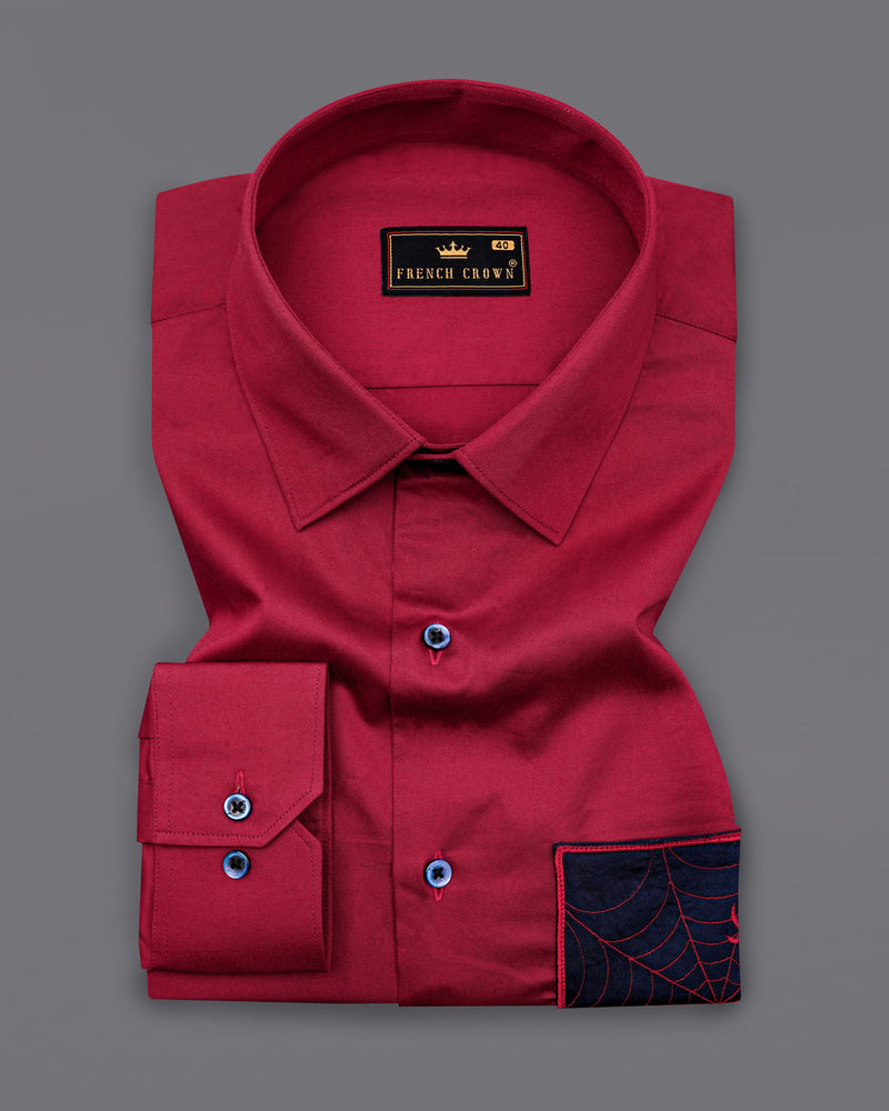 Claret Red with Mirage Blue Patch Pocket Spider Embroidered  Super Soft Premium Cotton Shirt