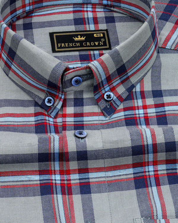 Cascade Gray with Zodiac Navy Blue and Claret Red Plaid Royal Oxford Shirt