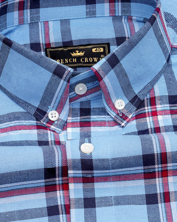 Seagull Sky Blue with Zodiac Navy Blue and Claret Red Plaid Royal Oxford Shirt