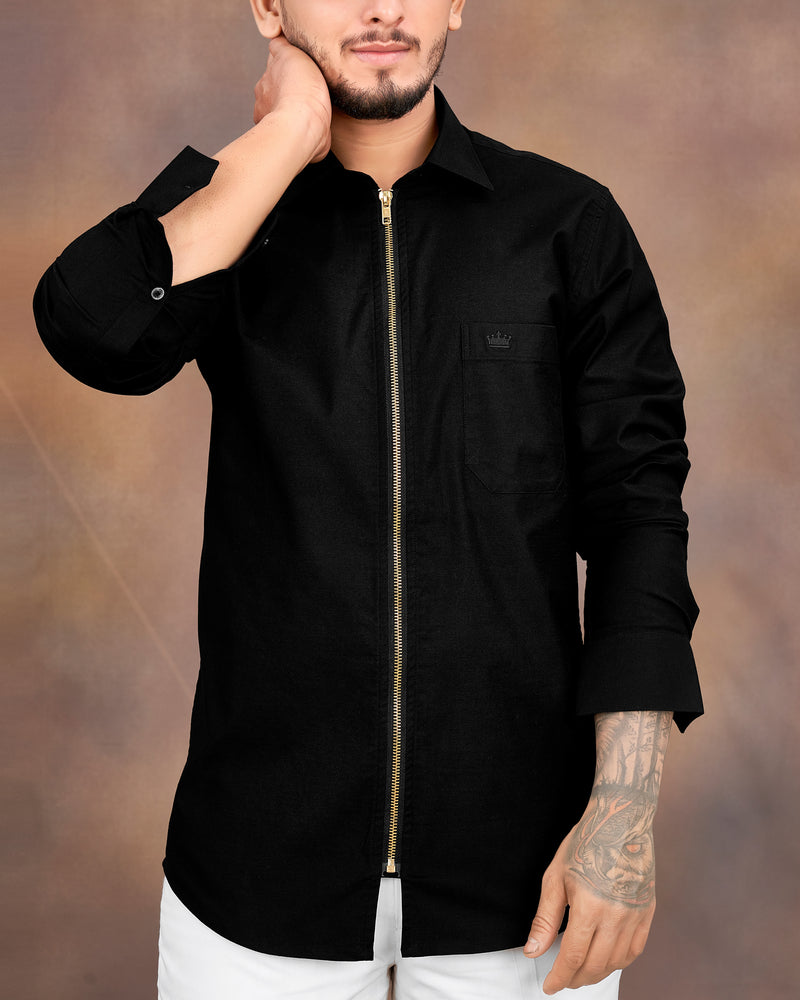 Jade Black Royal Oxford Designer Overshirt with Zipper Closure