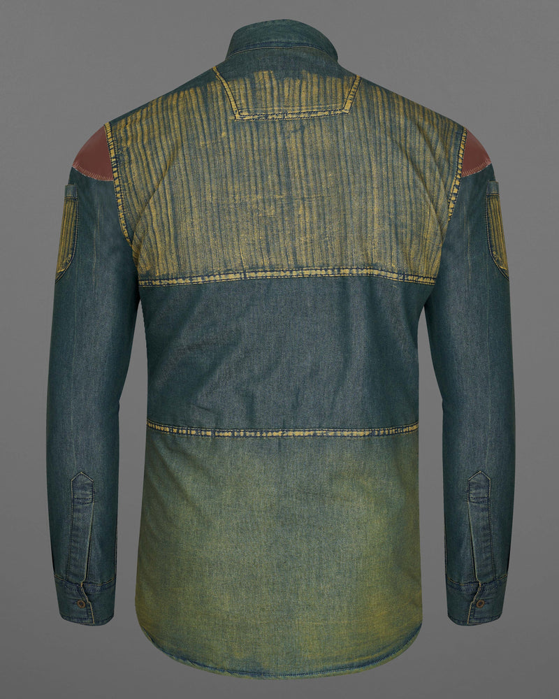 Limed Spruce Blue with Husk Yellow Denim Shirt With Leather Patch Work 9207-M-MB-38,9207-M-MB-H-38,9207-M-MB-39,9207-M-MB-H-39,9207-M-MB-40,9207-M-MB-H-40,9207-M-MB-42,9207-M-MB-H-42,9207-M-MB-44,9207-M-MB-H-44,9207-M-MB-46,9207-M-MB-H-46,9207-M-MB-48,9207-M-MB-H-48,9207-M-MB-50,9207-M-MB-H-50,9207-M-MB-52,9207-M-MB-H-52