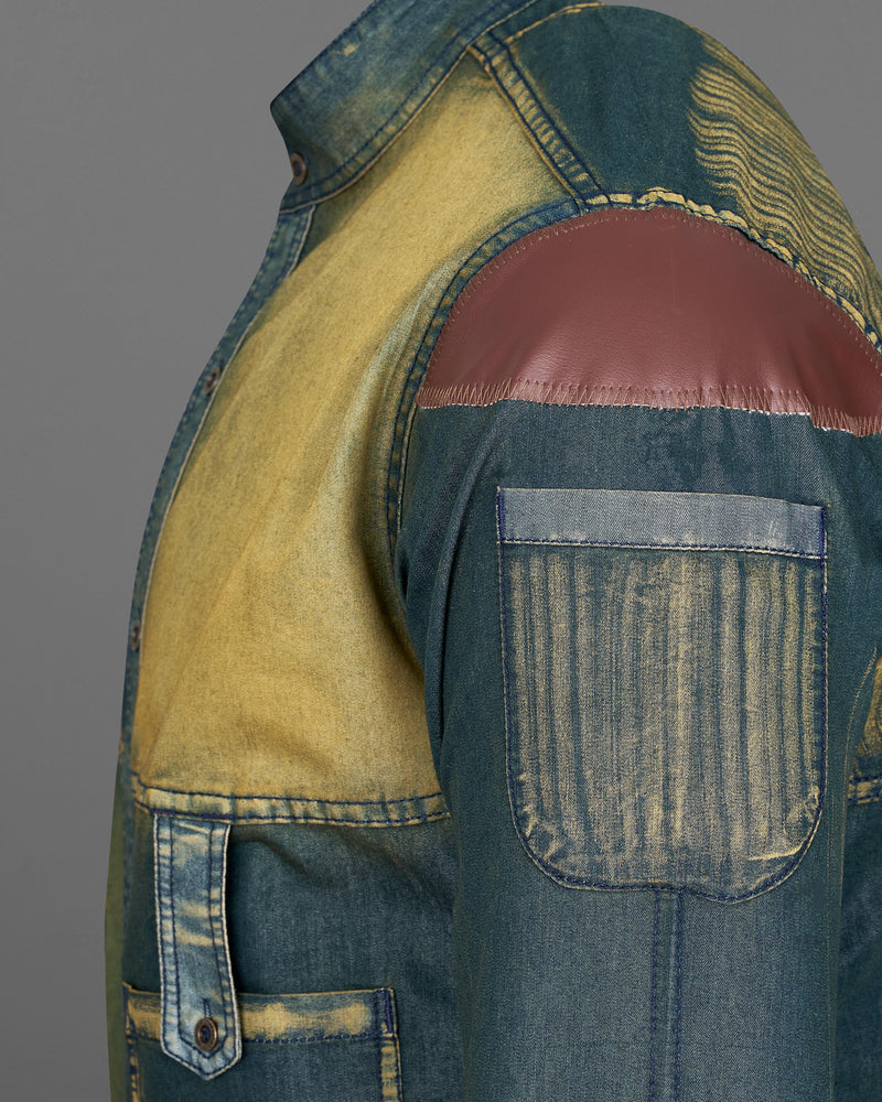 Limed Spruce Blue with Husk Yellow Denim Shirt With Leather Patch Work 9207-M-MB-38,9207-M-MB-H-38,9207-M-MB-39,9207-M-MB-H-39,9207-M-MB-40,9207-M-MB-H-40,9207-M-MB-42,9207-M-MB-H-42,9207-M-MB-44,9207-M-MB-H-44,9207-M-MB-46,9207-M-MB-H-46,9207-M-MB-48,9207-M-MB-H-48,9207-M-MB-50,9207-M-MB-H-50,9207-M-MB-52,9207-M-MB-H-52