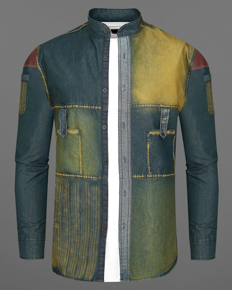 Limed Spruce Blue with Husk Yellow Denim Shirt With Leather Patch Work 9207-M-MB-38,9207-M-MB-H-38,9207-M-MB-39,9207-M-MB-H-39,9207-M-MB-40,9207-M-MB-H-40,9207-M-MB-42,9207-M-MB-H-42,9207-M-MB-44,9207-M-MB-H-44,9207-M-MB-46,9207-M-MB-H-46,9207-M-MB-48,9207-M-MB-H-48,9207-M-MB-50,9207-M-MB-H-50,9207-M-MB-52,9207-M-MB-H-52