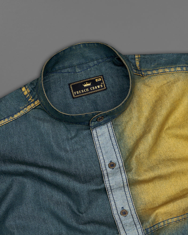 Limed Spruce Blue with Husk Yellow Denim Shirt With Leather Patch Work 9207-M-MB-38,9207-M-MB-H-38,9207-M-MB-39,9207-M-MB-H-39,9207-M-MB-40,9207-M-MB-H-40,9207-M-MB-42,9207-M-MB-H-42,9207-M-MB-44,9207-M-MB-H-44,9207-M-MB-46,9207-M-MB-H-46,9207-M-MB-48,9207-M-MB-H-48,9207-M-MB-50,9207-M-MB-H-50,9207-M-MB-52,9207-M-MB-H-52