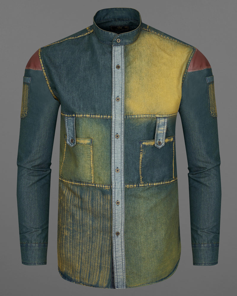 Limed Spruce Blue with Husk Yellow Denim Shirt With Leather Patch Work 9207-M-MB-38,9207-M-MB-H-38,9207-M-MB-39,9207-M-MB-H-39,9207-M-MB-40,9207-M-MB-H-40,9207-M-MB-42,9207-M-MB-H-42,9207-M-MB-44,9207-M-MB-H-44,9207-M-MB-46,9207-M-MB-H-46,9207-M-MB-48,9207-M-MB-H-48,9207-M-MB-50,9207-M-MB-H-50,9207-M-MB-52,9207-M-MB-H-52
