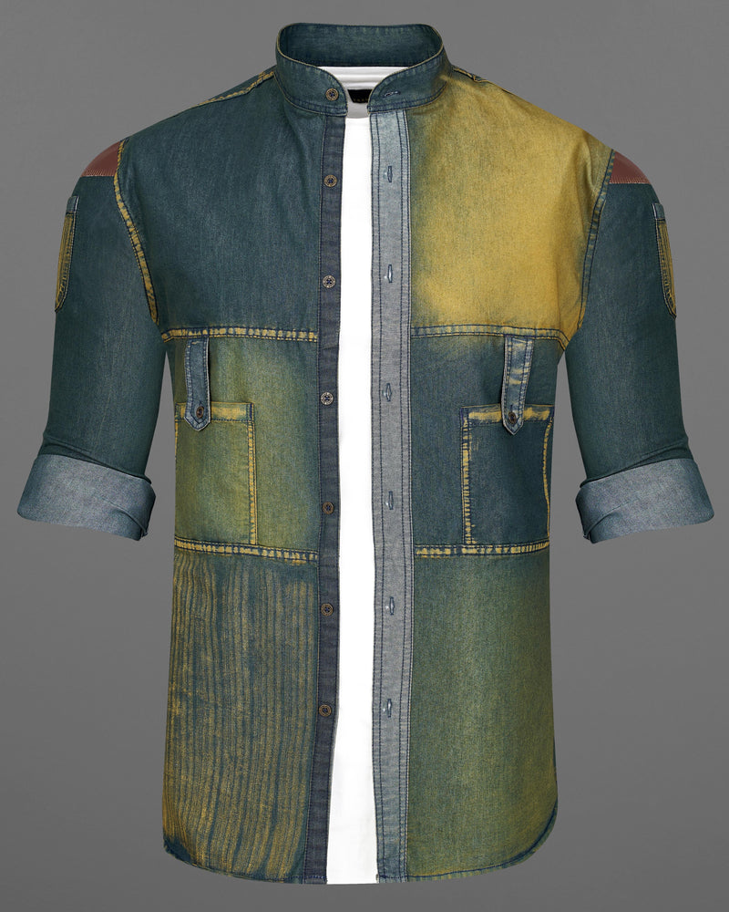 Limed Spruce Blue with Husk Yellow Denim Shirt With Leather Patch Work 9207-M-MB-38,9207-M-MB-H-38,9207-M-MB-39,9207-M-MB-H-39,9207-M-MB-40,9207-M-MB-H-40,9207-M-MB-42,9207-M-MB-H-42,9207-M-MB-44,9207-M-MB-H-44,9207-M-MB-46,9207-M-MB-H-46,9207-M-MB-48,9207-M-MB-H-48,9207-M-MB-50,9207-M-MB-H-50,9207-M-MB-52,9207-M-MB-H-52