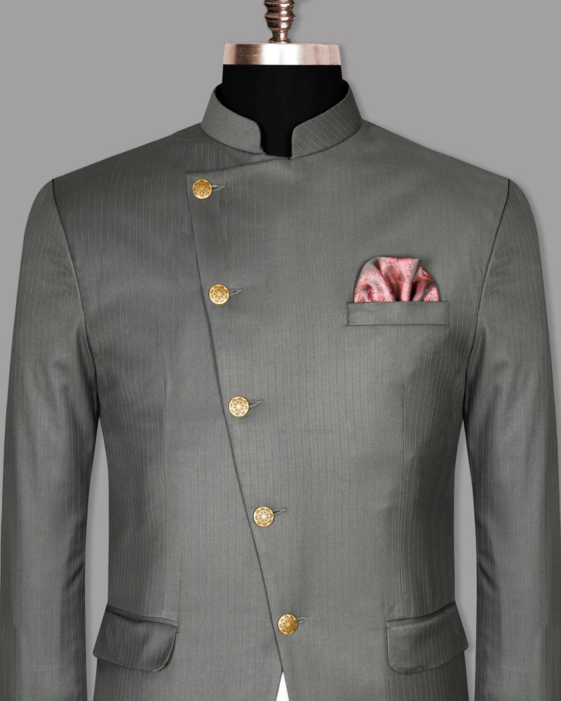 Chicago Gray Subtle Striped Cross Buttoned Bandhgala/Mandarin Blazer BL1039-CBG-52, BL1039-CBG-36, BL1039-CBG-38, BL1039-CBG-60, BL1039-CBG-40, BL1039-CBG-44, BL1039-CBG-46, BL1039-CBG-48, BL1039-CBG-50, BL1039-CBG-58, BL1039-CBG-42, BL1039-CBG-54, BL1039-CBG-56