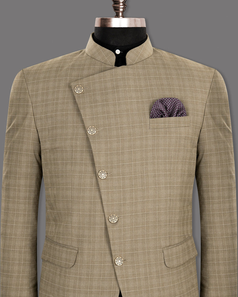 Arrowtown Brown Plaid Cross Buttoned Bandhgala/Mandarin Blazer BL1285-CBG-36, BL1285-CBG-38, BL1285-CBG-40, BL1285-CBG-42, BL1285-CBG-58, BL1285-CBG-46, BL1285-CBG-48, BL1285-CBG-50, BL1285-CBG-60, BL1285-CBG-52, BL1285-CBG-54, BL1285-CBG-56, BL1285-CBG-44