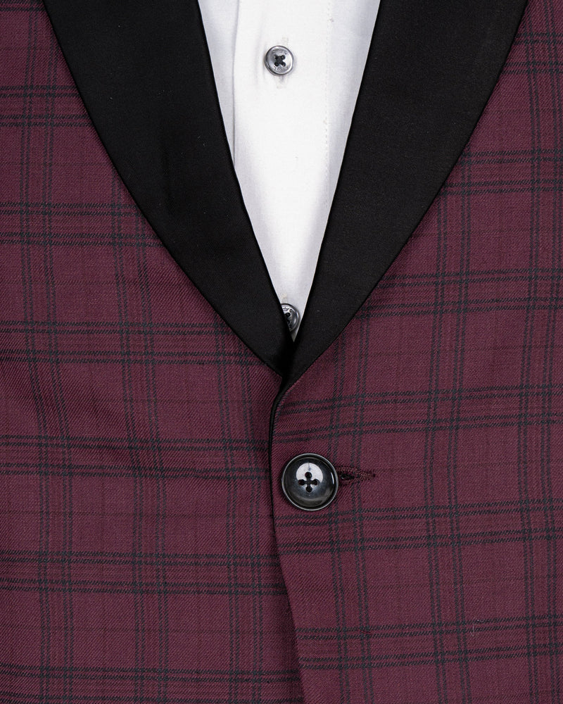 Eggplant Red Plaid Wool Rich Tuxedo Blazer BL1379-BKL-36, BL1379-BKL-38, BL1379-BKL-40, BL1379-BKL-42, BL1379-BKL-44, BL1379-BKL-46, BL1379-BKL-48, BL1379-BKL-50, BL1379-BKL-52, BL1379-BKL-54, BL1379-BKL-56, BL1379-BKL-58, BL1379-BKL-60