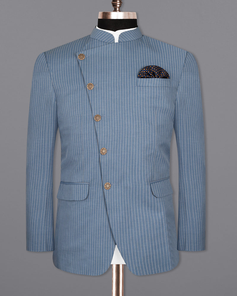 Ship Cove Blue Striped Cross Buttoned Wool Rich Bandhgala Blazer BL1504-CBG-36, BL1504-CBG-38, BL1504-CBG-40, BL1504-CBG-42, BL1504-CBG-44, BL1504-CBG-46, BL1504-CBG-48, BL1504-CBG-50, BL1504-CBG-52, BL1504-CBG-54, BL1504-CBG-56, BL1504-CBG-58, BL1504-CBG-60