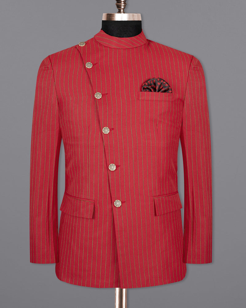 Medium Carmine Red Striped Wool Rich Cross Buttoned Bandhgala Blazer BL1505-CBG2-36, BL1505-CBG2-38, BL1505-CBG2-40, BL1505-CBG2-42, BL1505-CBG2-44, BL1505-CBG2-46, BL1505-CBG2-48, BL1505-CBG2-50, BL1505-CBG2-52, BL1505-CBG2-54, BL1505-CBG2-56, BL1505-CBG2-58, BL1505-CBG2-60