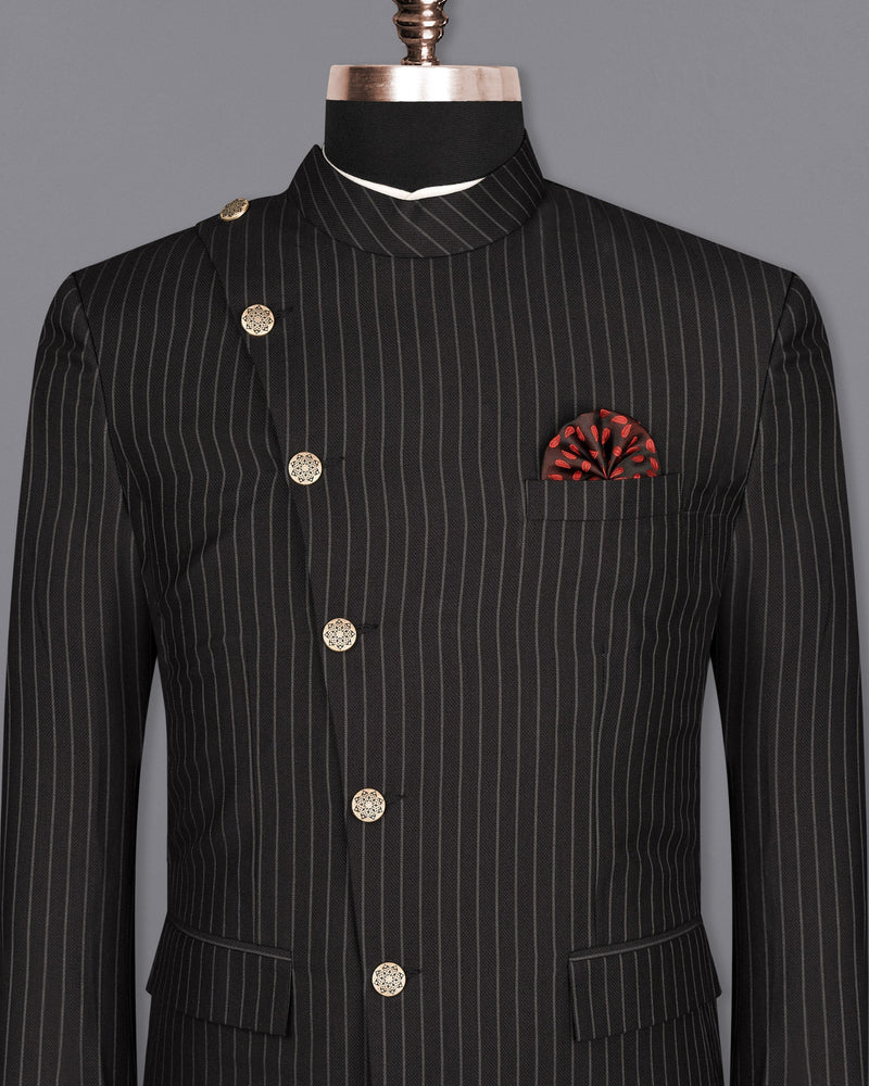 Piano Black Striped Cross Button Woolrich Bandhgala Blazer BL1618-CBG2-36, BL1618-CBG2-38, BL1618-CBG2-40, BL1618-CBG2-42, BL1618-CBG2-44, BL1618-CBG2-46, BL1618-CBG2-48, BL1618-CBG2-50, BL1618-CBG2-52, BL1618-CBG2-54, BL1618-CBG2-56, BL1618-CBG2-58, BL1618-CBG2-60