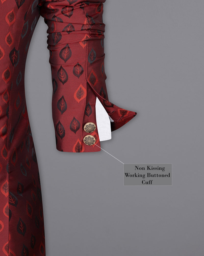 Stilleto Red Leaves Jacquard Textured Cross Buttoned Bandhgala Designer Blazer BL1665-CBG-36, BL1665-CBG-38, BL1665-CBG-40, BL1665-CBG-42, BL1665-CBG-44, BL1665-CBG-46, BL1665-CBG-48, BL1665-CBG-50, BL1665-CBG-52, BL1665-CBG-54, BL1665-CBG-56, BL1665-CBG-58, BL1665-CBG-60