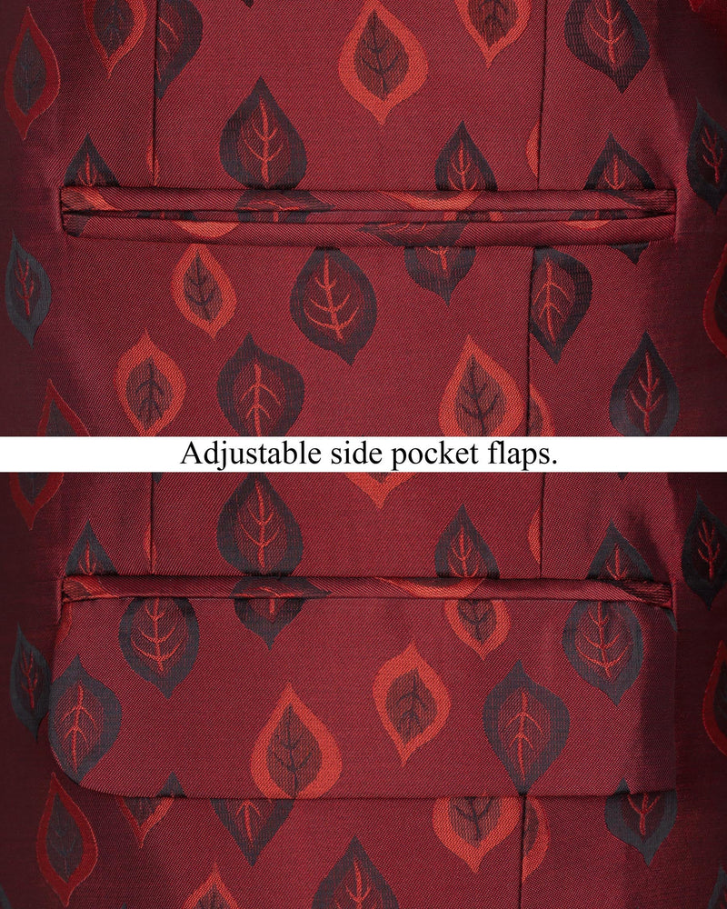 Stilleto Red Leaves Jacquard Textured Cross Buttoned Bandhgala Designer Blazer BL1665-CBG-36, BL1665-CBG-38, BL1665-CBG-40, BL1665-CBG-42, BL1665-CBG-44, BL1665-CBG-46, BL1665-CBG-48, BL1665-CBG-50, BL1665-CBG-52, BL1665-CBG-54, BL1665-CBG-56, BL1665-CBG-58, BL1665-CBG-60