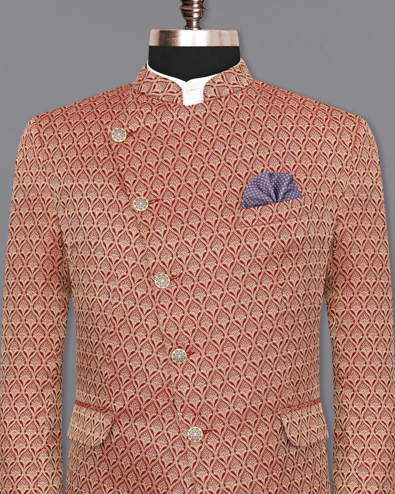 Merlot Red and Anzac Cream Jacquard Textured Cross Buttoned Bandhgala Designer Blazer BL1677-CBG-36, BL1677-CBG-38, BL1677-CBG-40, BL1677-CBG-42, BL1677-CBG-44, BL1677-CBG-46, BL1677-CBG-48, BL1677-CBG-50, BL1677-CBG-52, BL1677-CBG-54, BL1677-CBG-56, BL1677-CBG-58, BL1677-CBG-60