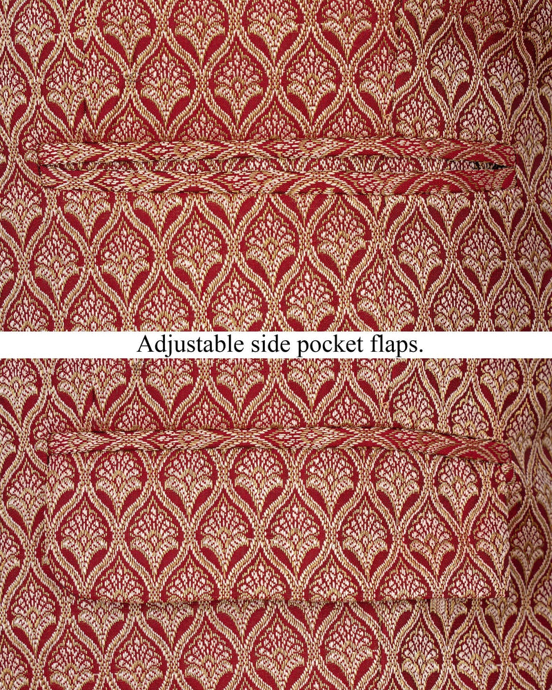 Merlot Red and Anzac Cream Jacquard Textured Cross Buttoned Bandhgala Designer Blazer BL1677-CBG-36, BL1677-CBG-38, BL1677-CBG-40, BL1677-CBG-42, BL1677-CBG-44, BL1677-CBG-46, BL1677-CBG-48, BL1677-CBG-50, BL1677-CBG-52, BL1677-CBG-54, BL1677-CBG-56, BL1677-CBG-58, BL1677-CBG-60