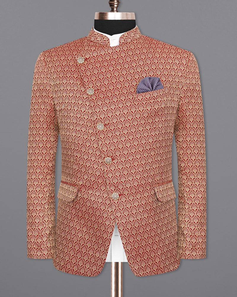 Merlot Red and Anzac Cream Jacquard Textured Cross Buttoned Bandhgala Designer Blazer BL1677-CBG-36, BL1677-CBG-38, BL1677-CBG-40, BL1677-CBG-42, BL1677-CBG-44, BL1677-CBG-46, BL1677-CBG-48, BL1677-CBG-50, BL1677-CBG-52, BL1677-CBG-54, BL1677-CBG-56, BL1677-CBG-58, BL1677-CBG-60