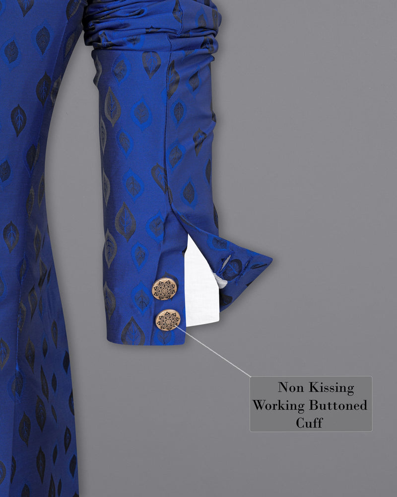 Royal Azure Blue Leaves Jacquard Textured Cross Buttoned Bandhgala Designer Blazer BL1678-CBG-36, BL1678-CBG-38, BL1678-CBG-40, BL1678-CBG-42, BL1678-CBG-44, BL1678-CBG-46, BL1678-CBG-48, BL1678-CBG-50, BL1678-CBG-52, BL1678-CBG-54, BL1678-CBG-56, BL1678-CBG-58, BL1678-CBG-60