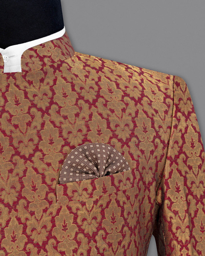 Vivid Auburm and Golden Jacquard Textured Cross Buttoned Bandhgala Designer Blazer BL1679-CBG-36, BL1679-CBG-38, BL1679-CBG-40, BL1679-CBG-42, BL1679-CBG-44, BL1679-CBG-46, BL1679-CBG-48, BL1679-CBG-50, BL1679-CBG-52, BL1679-CBG-54, BL1679-CBG-56, BL1679-CBG-58, BL1679-CBG-60