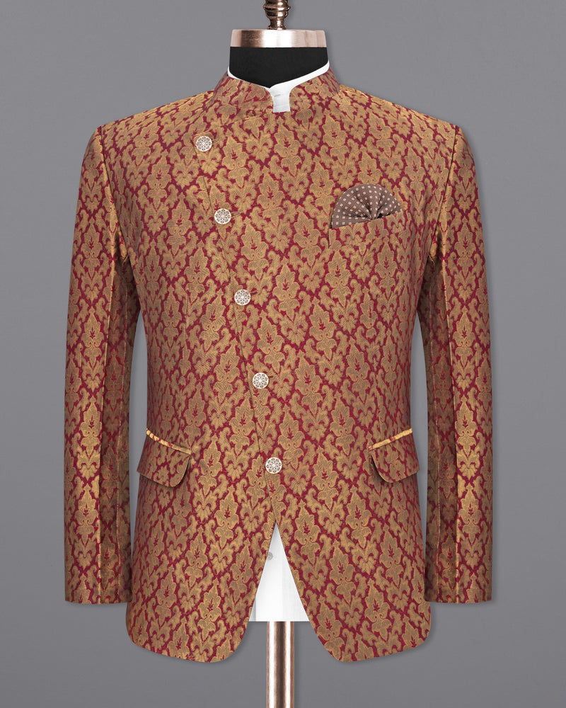 Vivid Auburm and Golden Jacquard Textured Cross Buttoned Bandhgala Designer Blazer BL1679-CBG-36, BL1679-CBG-38, BL1679-CBG-40, BL1679-CBG-42, BL1679-CBG-44, BL1679-CBG-46, BL1679-CBG-48, BL1679-CBG-50, BL1679-CBG-52, BL1679-CBG-54, BL1679-CBG-56, BL1679-CBG-58, BL1679-CBG-60