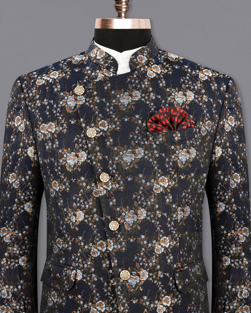 Storm Dust Floral Textured Cross Buttoned Bandhgala Designer Blazer