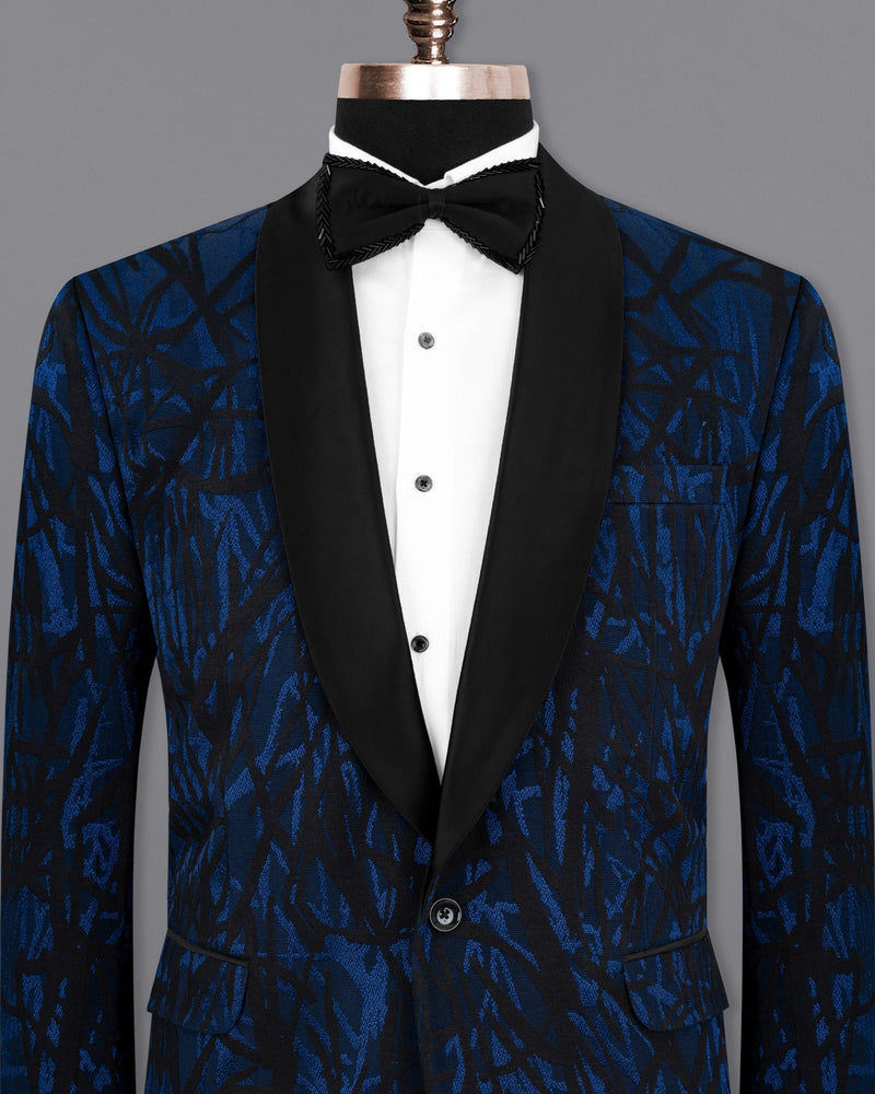 Catalina Blue with Velvet Black abstract Jacquard Textured Tuxedo Blazer