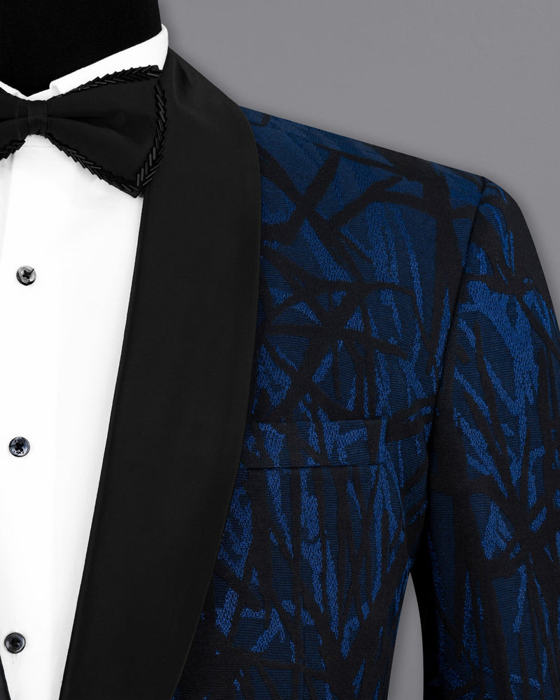 Catalina Blue with Velvet Black abstract Jacquard Textured Tuxedo Blazer