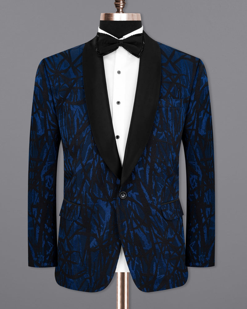 Catalina Blue with Velvet Black abstract Jacquard Textured Tuxedo Blazer