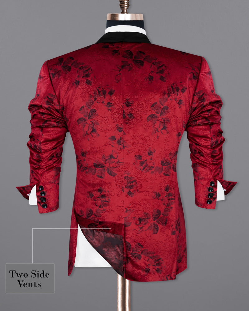 Cardinal Red Floral Textured Designer Tuxedo Blazer