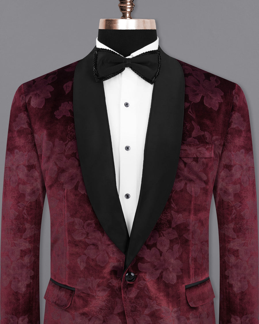 Velvet Dark Sienna Hibiscus flora Textured Designer Tuxedo Blazer