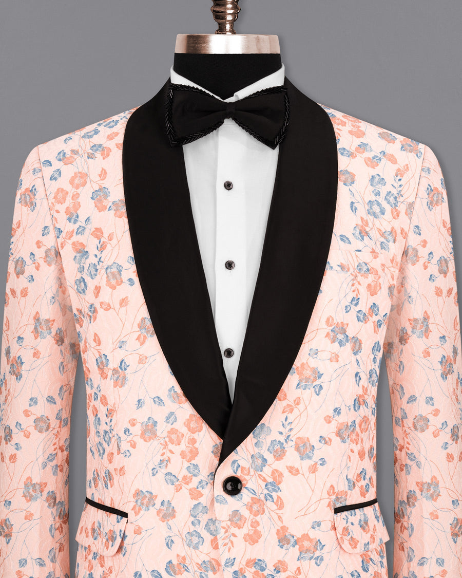 Mandys Pink Floral Textured Designer Tuxedo Blazer