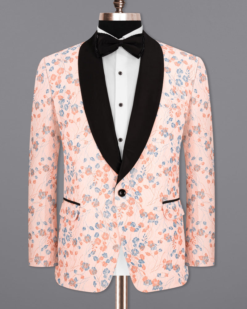 Mandys Pink Floral Textured Designer Tuxedo Blazer