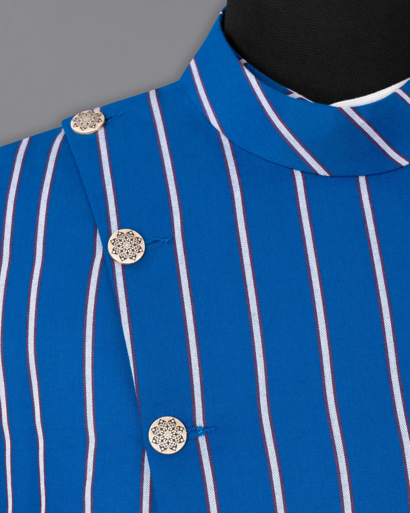 Royal Azure with wenge colour Striped Cross Buttoned Bandhgala Blazer