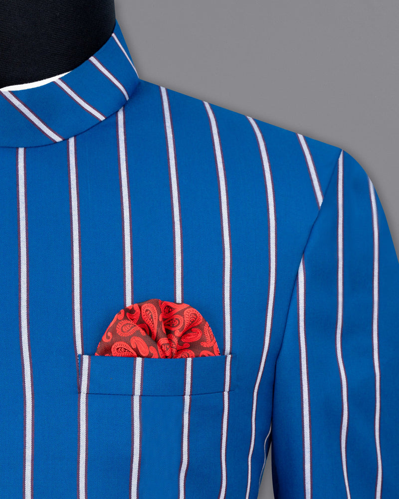 Royal Azure with wenge colour Striped Cross Buttoned Bandhgala Blazer