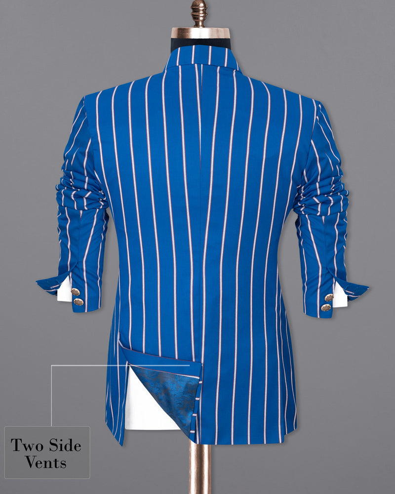 Royal Azure with wenge colour Striped Cross Buttoned Bandhgala Blazer