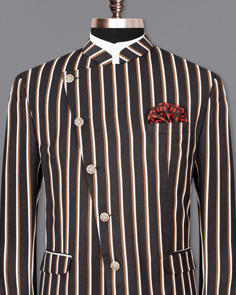 Thunder Brown Striped Cross Buttoned Bandhgala Blazer