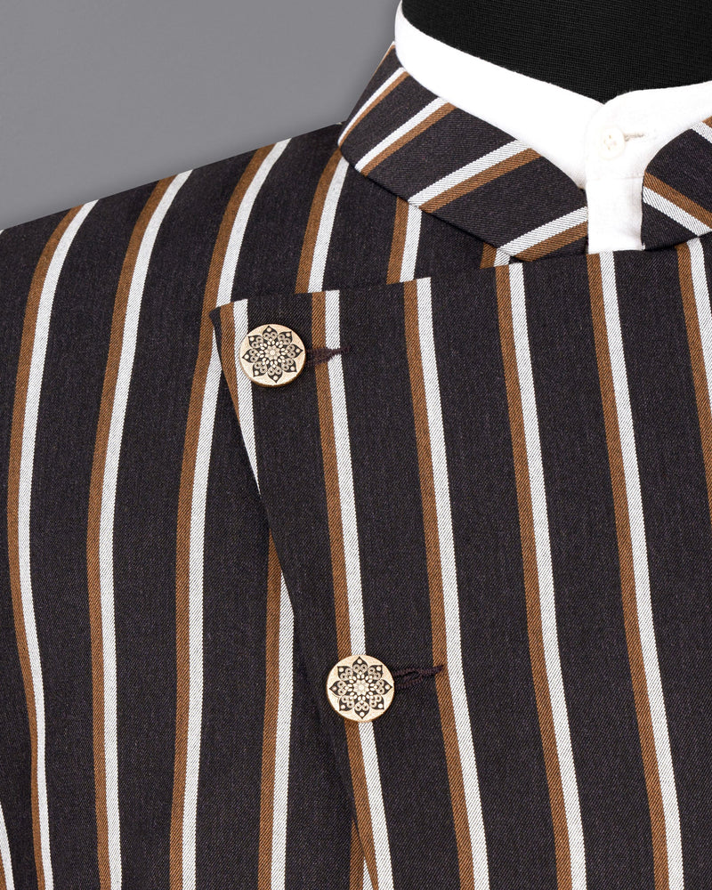 Thunder Brown Striped Cross Buttoned Bandhgala Blazer