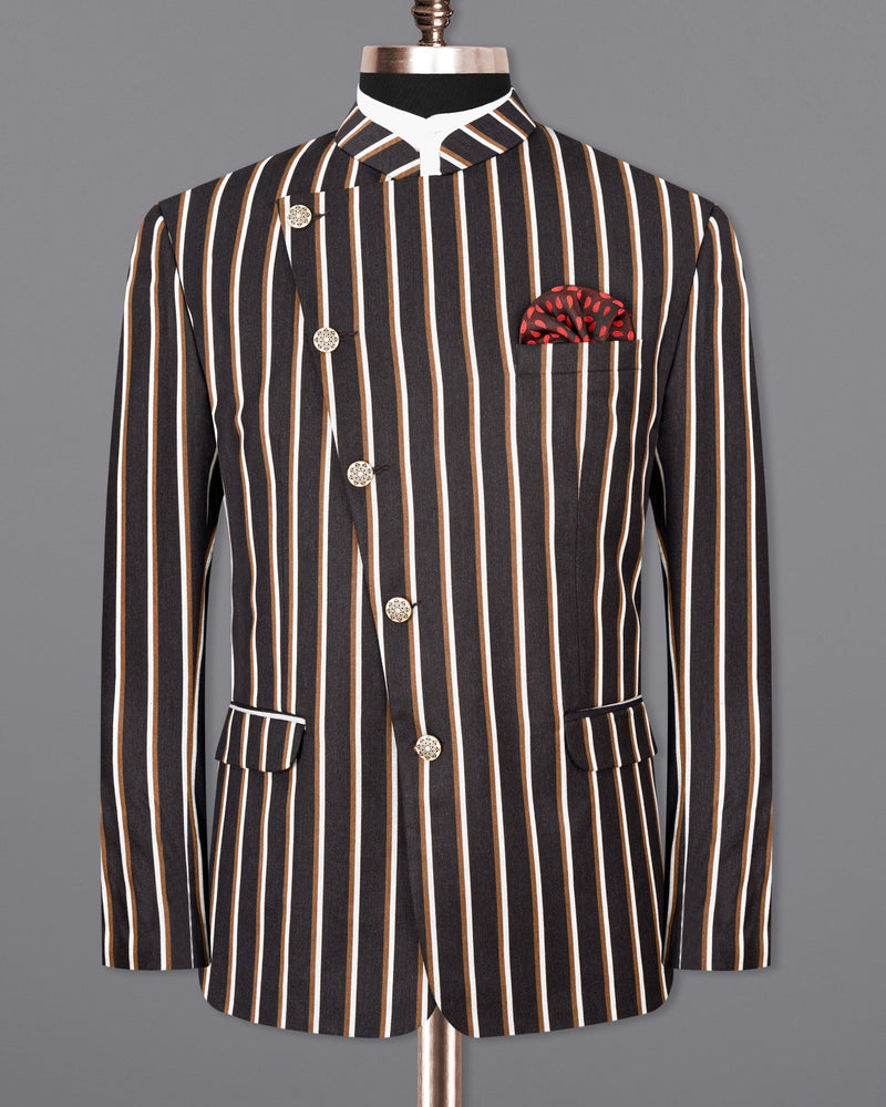 Thunder Brown Striped Cross Buttoned Bandhgala Blazer