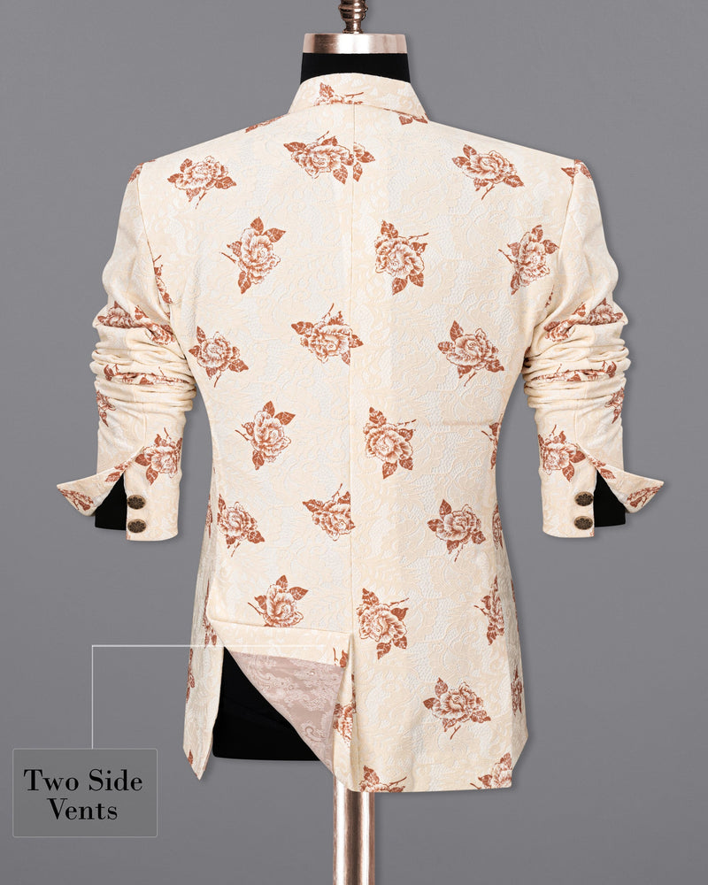 Pearl Bush Floral Printed and Textured Cross-Buttoned Bandhgala Blazer