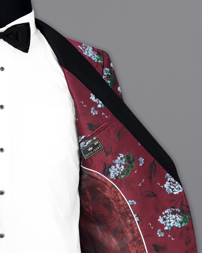 Aubergine Floral Printed and Textured Tuxedo Blazer