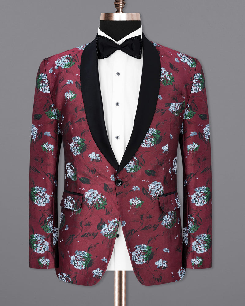 Aubergine Floral Printed and Textured Tuxedo Blazer