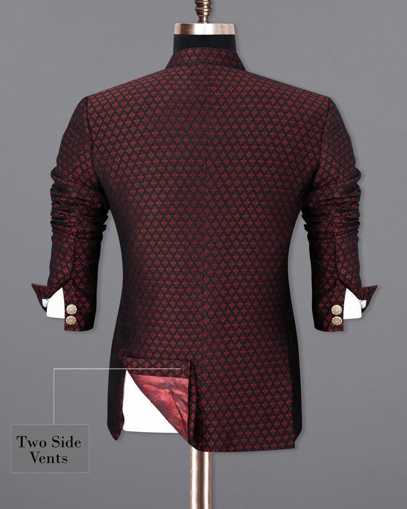 Claret Red and Jade Black Houndstooth Texture Cross Buttoned Bandhgala Blazer