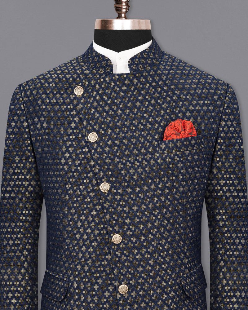 Stratos Blue Houndstooth Texture Cross Buttoned Bandhgala Blazer