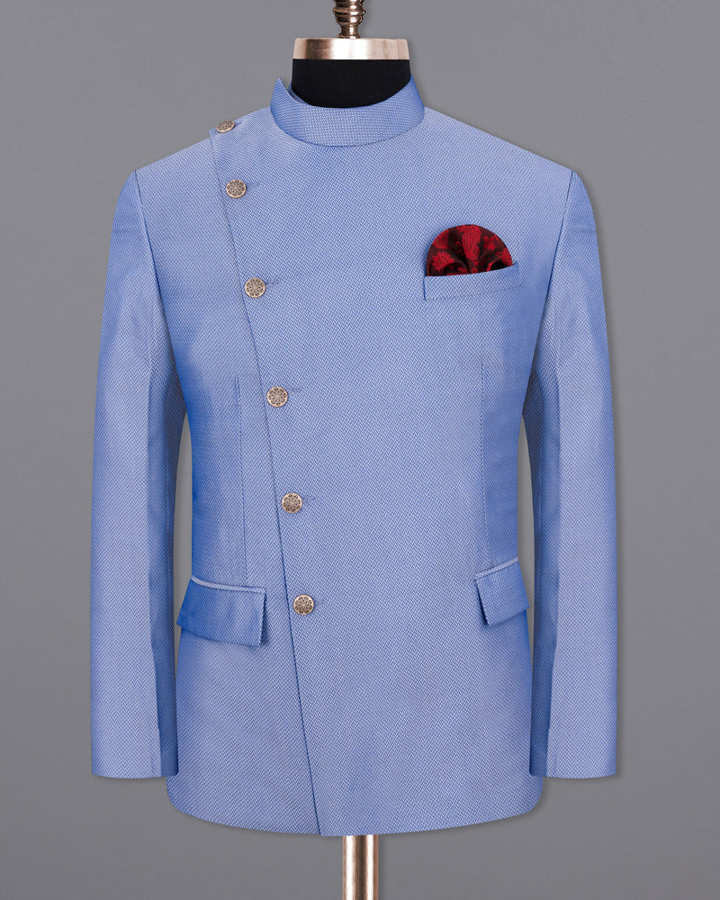 Perano Blue Chevron Textured Cross Buttoned Bandhgala Designer Blazer