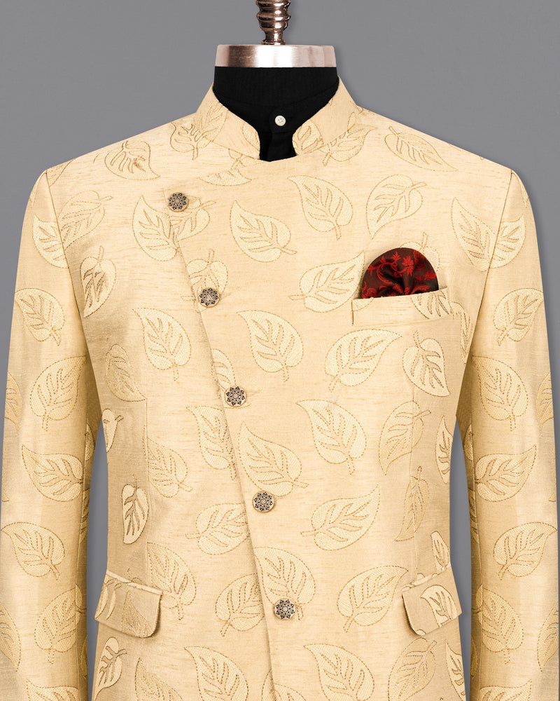 Light Apricot Leaves Embroidery Textured Cross Buttoned Bandhgala Designer Blazer