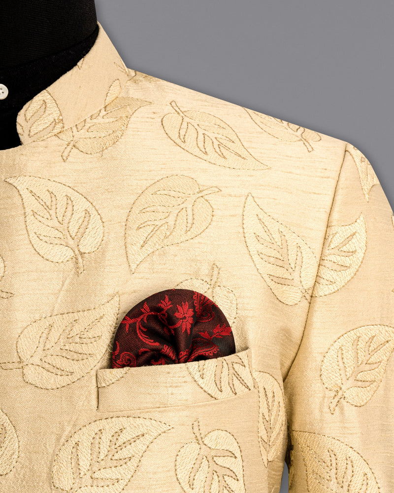 Light Apricot Leaves Embroidery Textured Cross Buttoned Bandhgala Designer Blazer