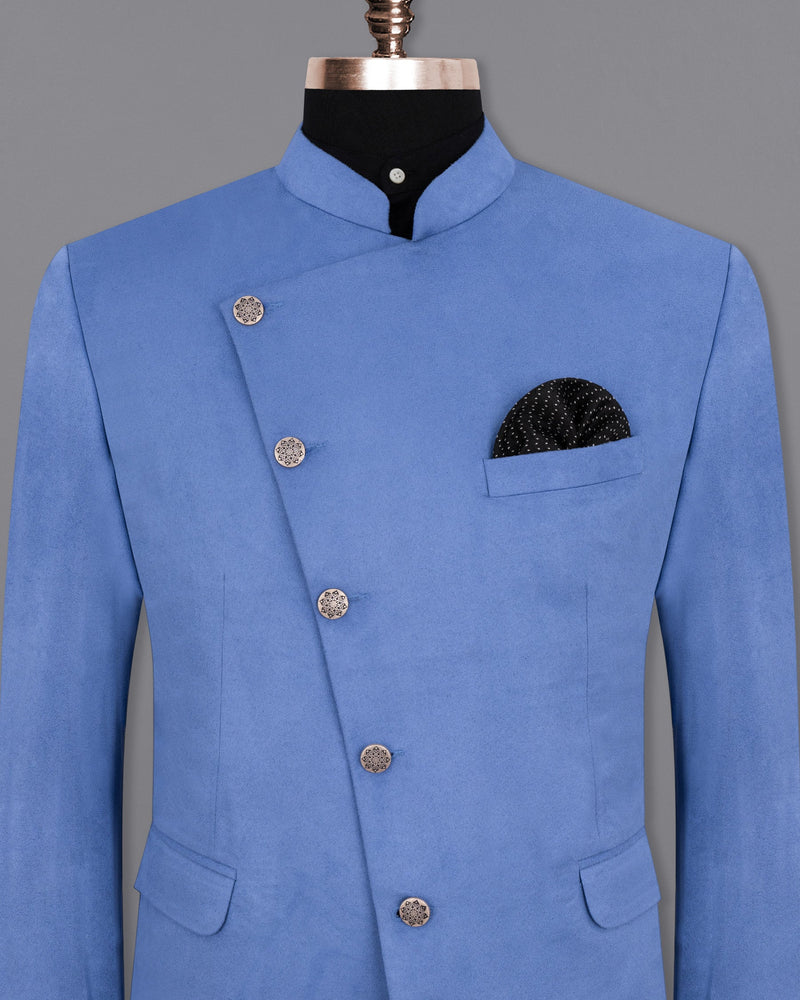 Mariner Blue velvet Cross Buttoned Bandhgala Designer Blazer